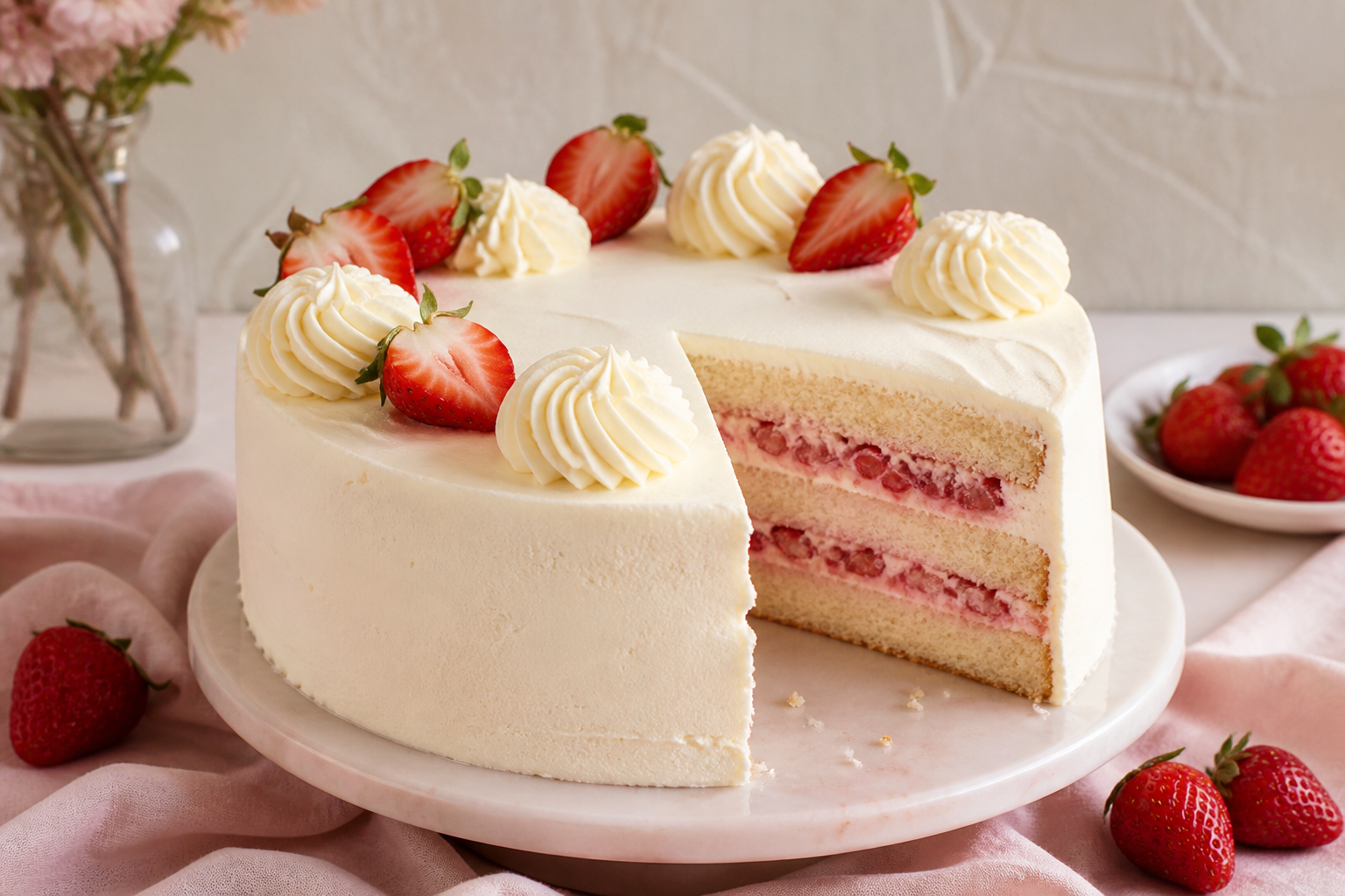 Bolo de morango com cobertura de creme