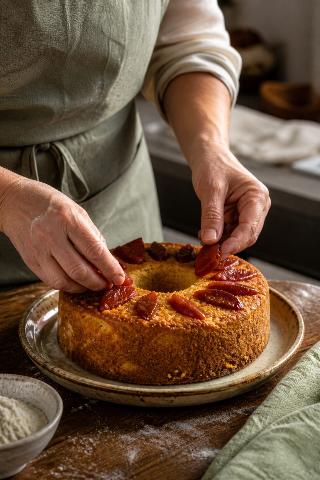 Mãos preparando artesanalmente um bolo de fubá com goiabada